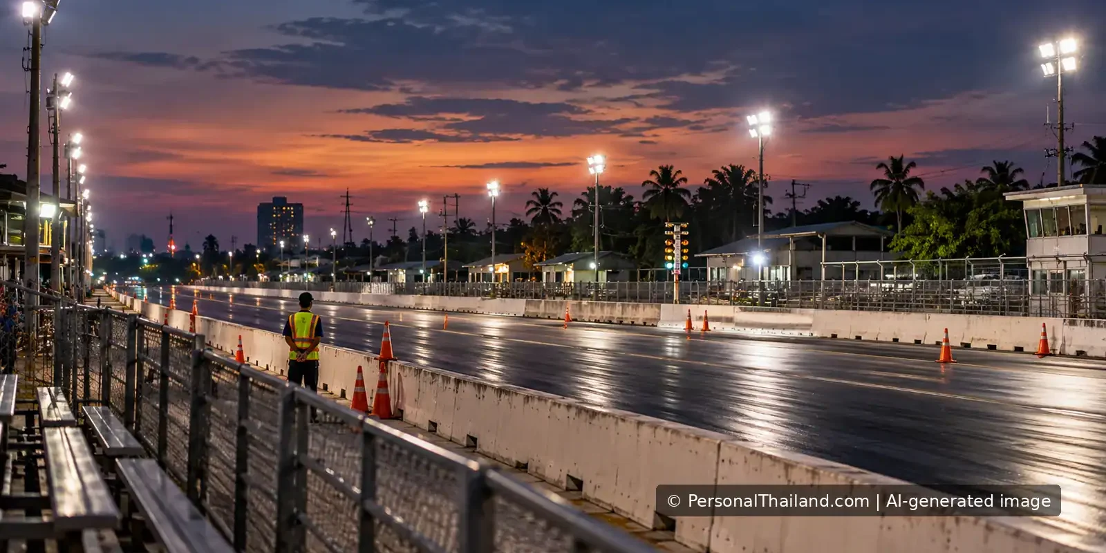 Bangkok Drag Racing Tragedy of 2008: Lessons in Spectator Safety Empty drag racing track with barriers and a safety marshal at dusk.