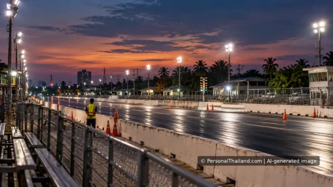 Empty drag racing track with barriers and a safety marshal at dusk.