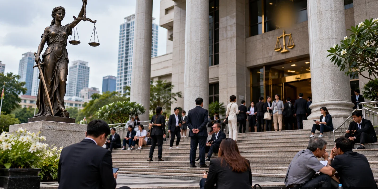 Who is Harry Nicolaides really? Lady Justice statue in front of a Bangkok court building as lawyers and visitors wait on the steps. AI-generated image.