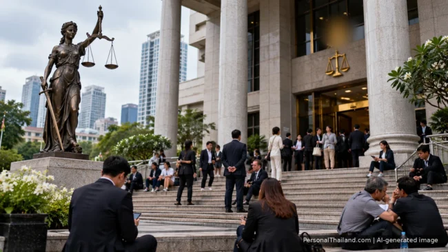 Lady Justice statue in front of a Bangkok court building as lawyers and visitors wait on the steps. AI-generated image.