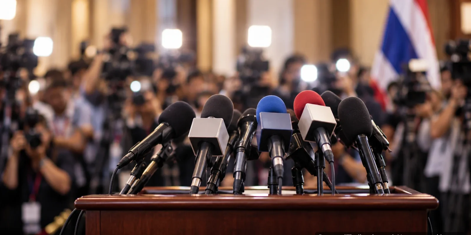 Microphones on a podium in front of a crowd of press photographers and a Thai flag at a news conference. AI-generated image.