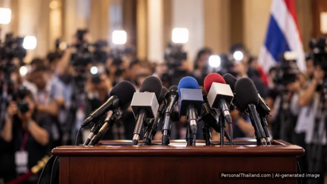 Microphones on a podium in front of a crowd of press photographers and a Thai flag at a news conference. AI-generated image.