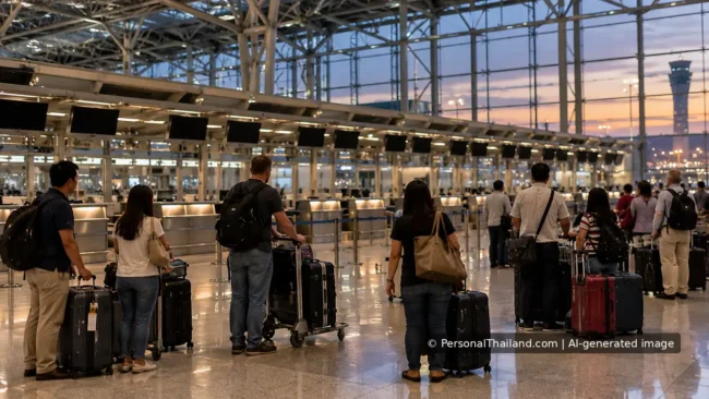 Passengers with luggage waiting near airport check-in counters in Bangkok.