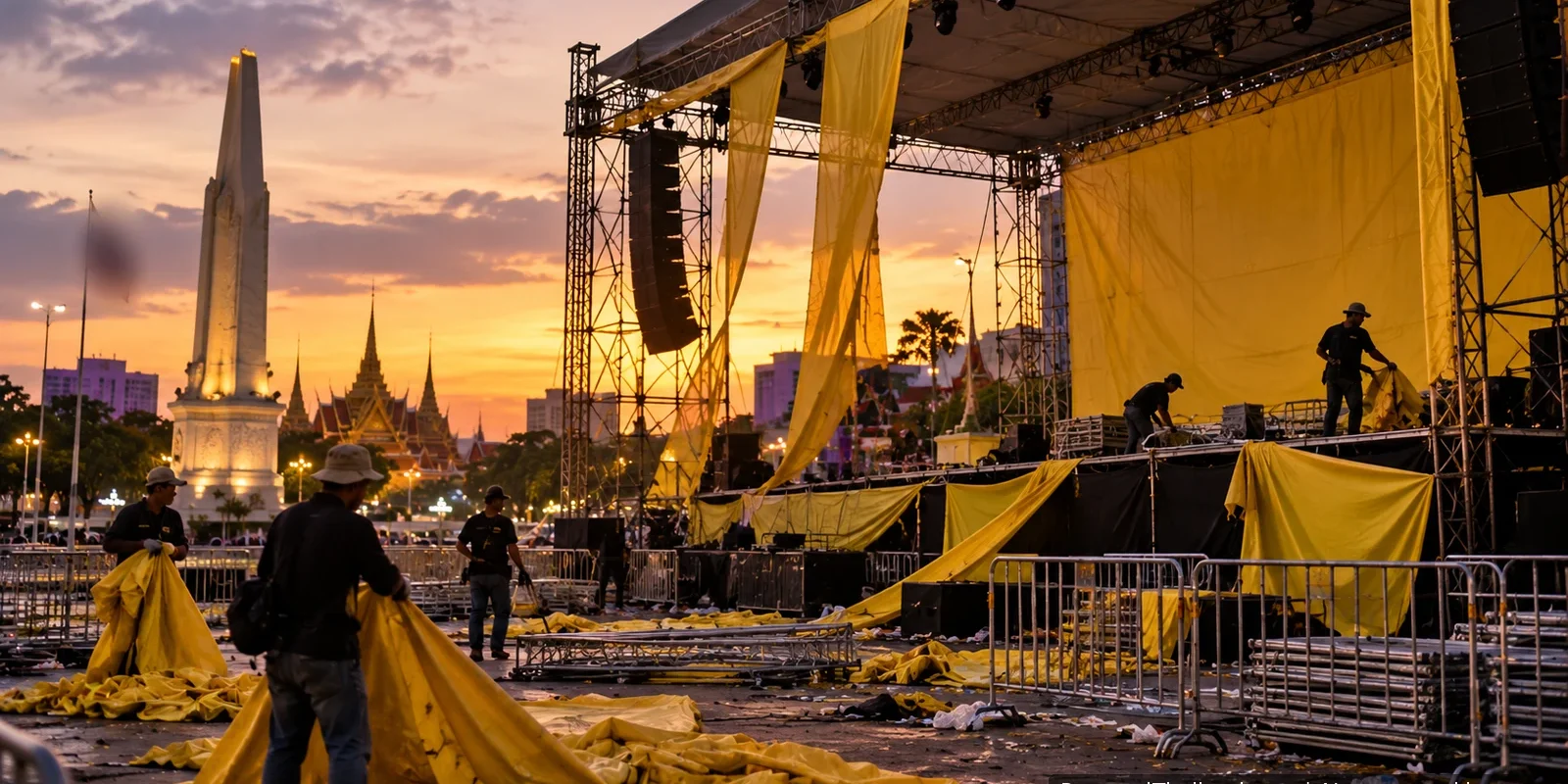 PAD did nothing for Thailand Workers dismantling a yellow protest stage at dusk near the Democracy Monument in Bangkok after a rally. AI-generated image.