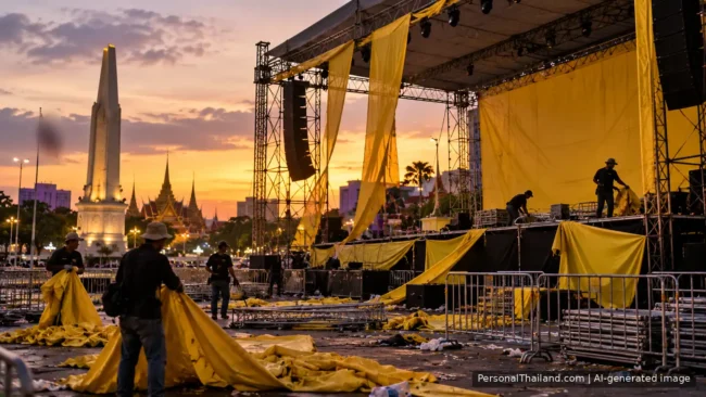 PAD did nothing for Thailand Workers dismantling a yellow protest stage at dusk near the Democracy Monument in Bangkok after a rally. AI-generated image.