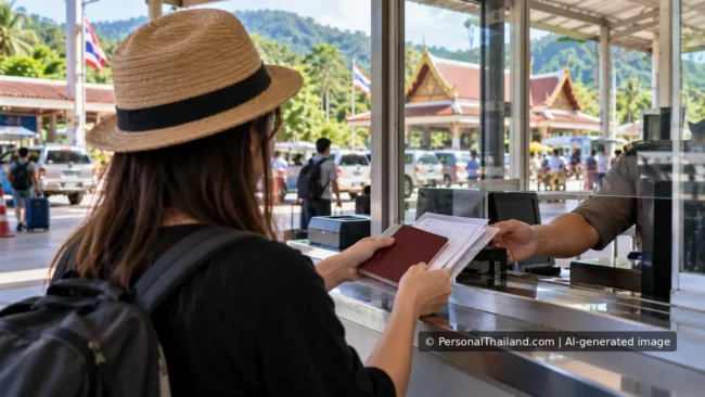Thailand Visa Runs: What Changed from 2008 to the 2026 Rules Traveller presenting passport and papers at a Thai border checkpoint.