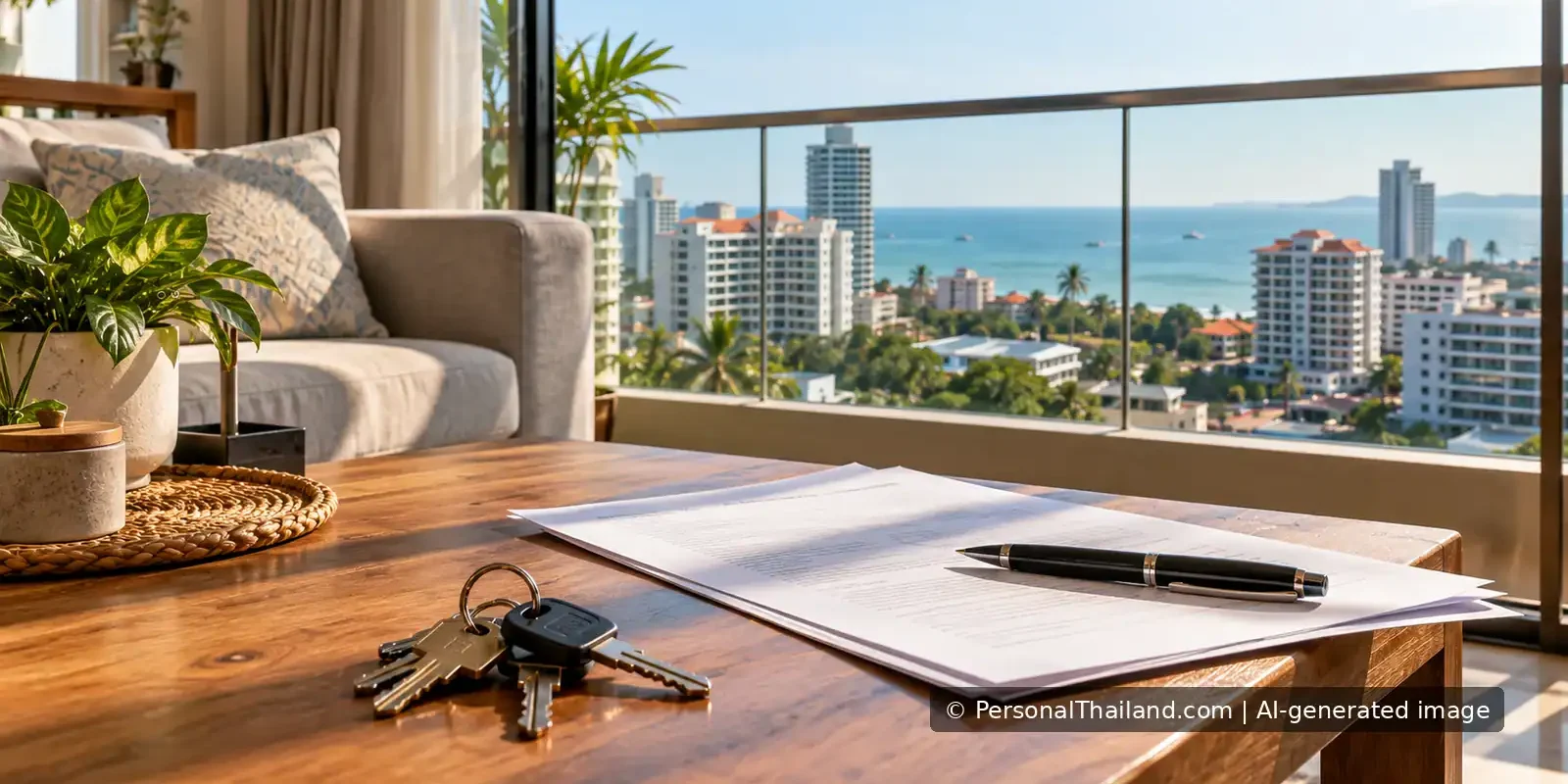 Keys and property papers in a coastal Thai condominium living room.