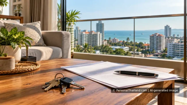 Keys and property papers in a coastal Thai condominium living room.