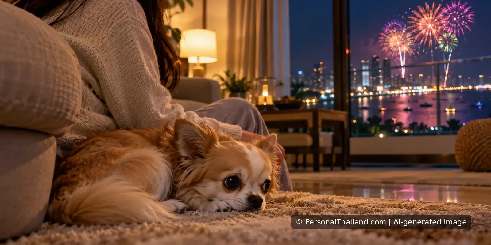 Pattaya Fireworks: Celebrating New Year Without Frightening Pets Small dog resting beside its owner indoors while fireworks light the coast outside.
