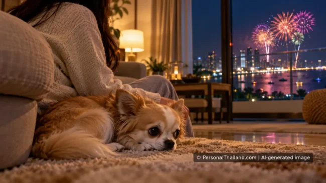 Small dog resting beside its owner indoors while fireworks light the coast outside.