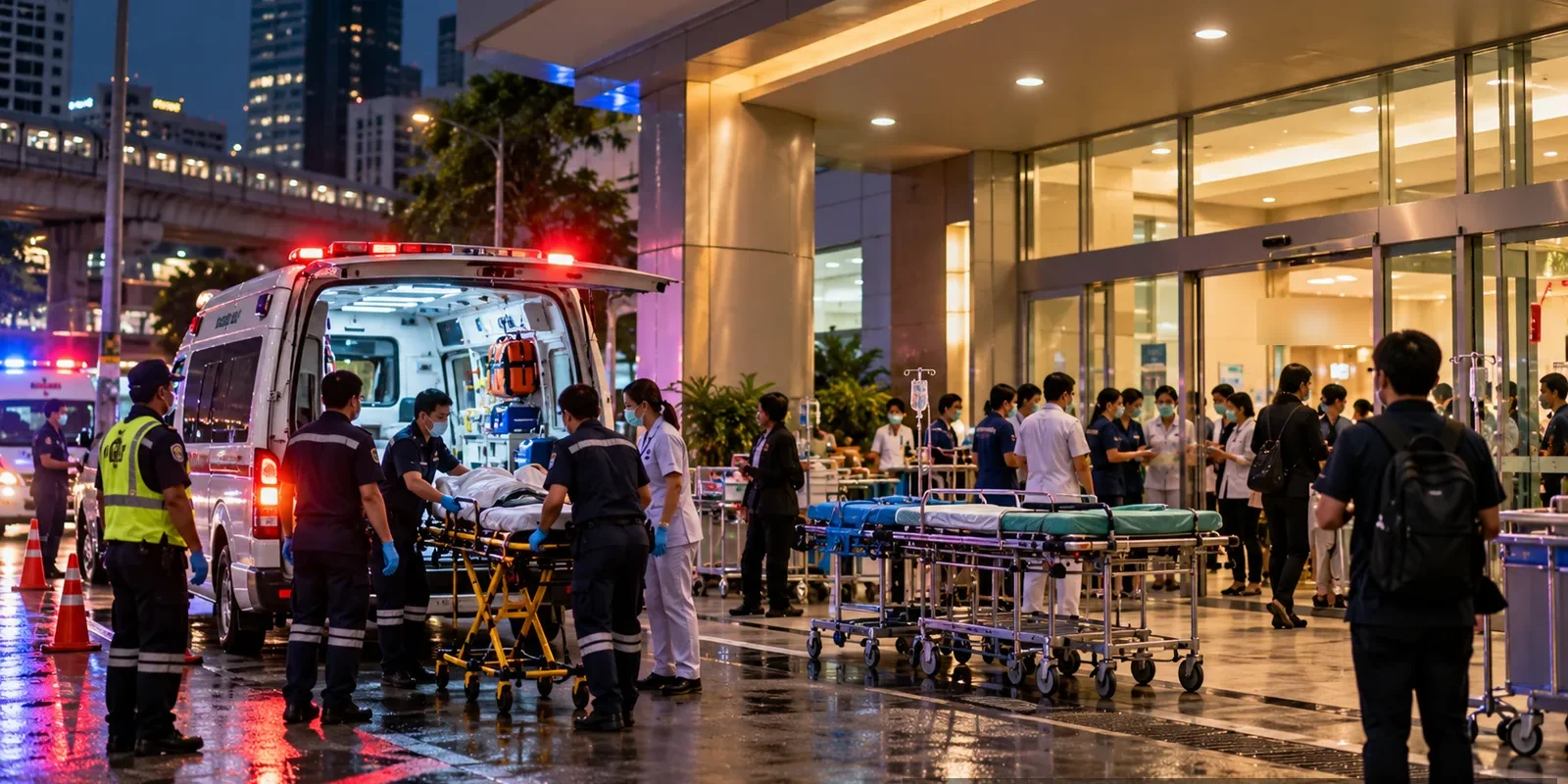 List of injured and hospitals from Santika fire Bangkok Paramedics and hospital staff with stretchers and an ambulance outside a Bangkok hospital entrance on a rainy night. AI-generated image.