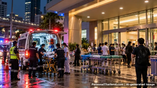 List of injured and hospitals from Santika fire Bangkok Paramedics and hospital staff with stretchers and an ambulance outside a Bangkok hospital entrance on a rainy night. AI-generated image.