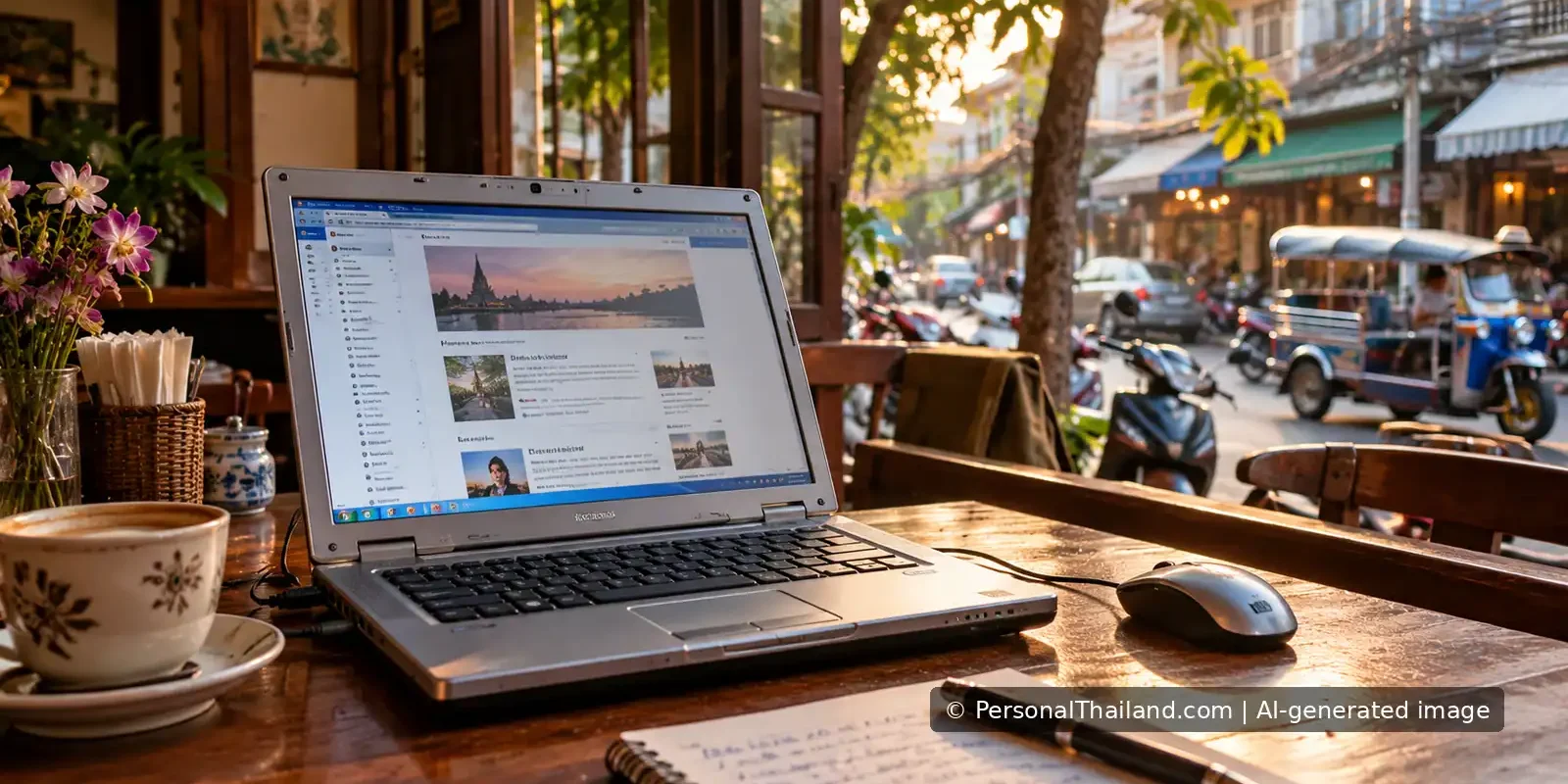 Thailand Blogs: From the 2009 Blogroll to Independent Voices Today Older laptop showing a travel blog on a table in a Thai street cafe.