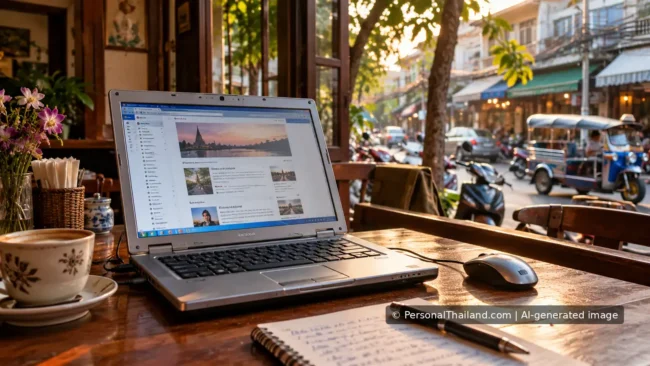 Older laptop showing a travel blog on a table in a Thai street cafe.