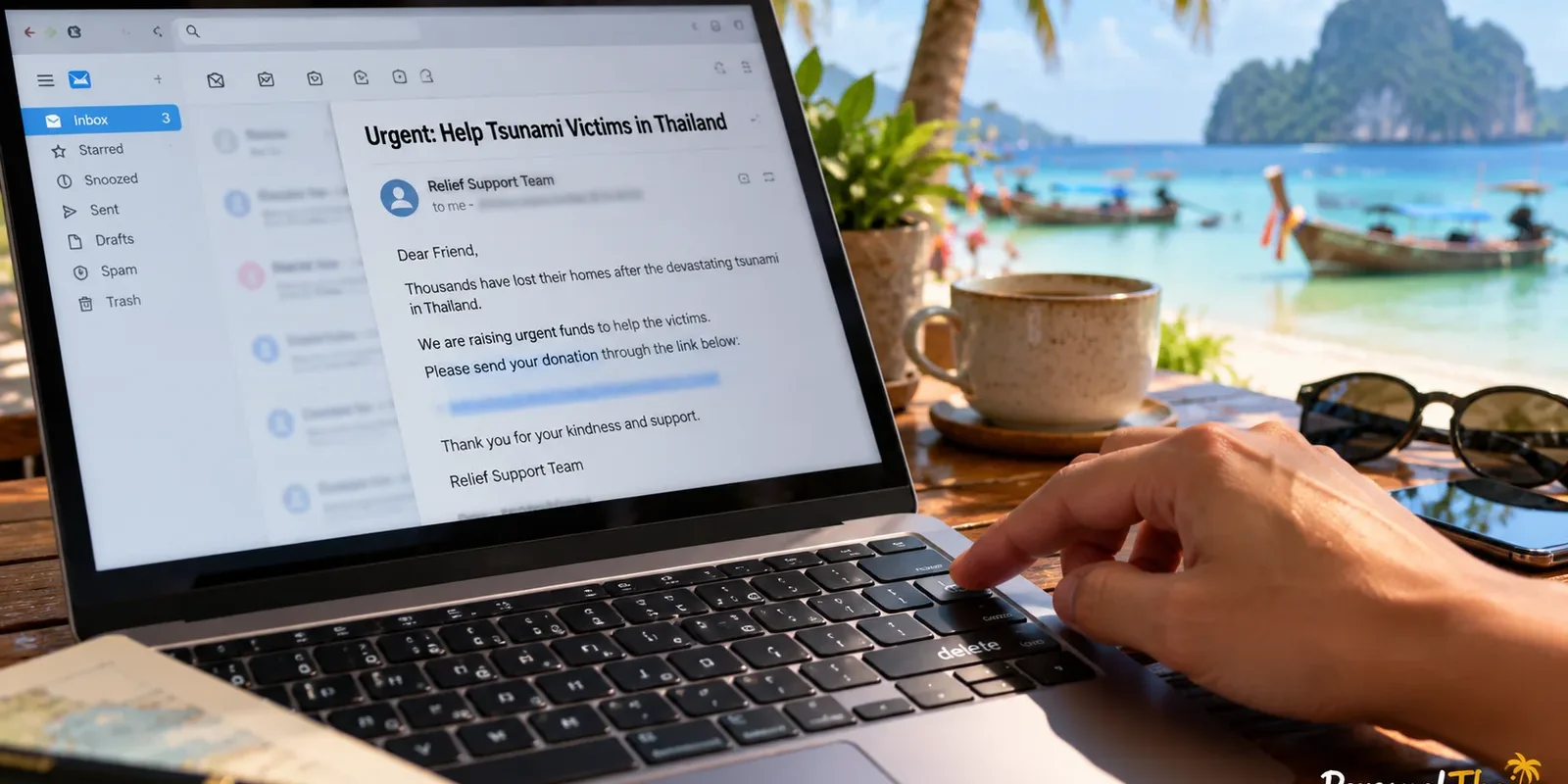 Nigerian scammers are using the Tsunami A laptop on a beach café table showing a suspicious email asking for tsunami relief donations. AI-generated image.