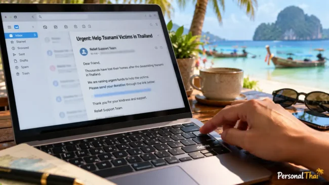 A laptop on a beach café table showing a suspicious email asking for tsunami relief donations. AI-generated image.