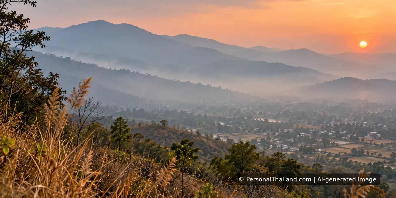 Wildfire Smoke in Thailand: Burning Season, PM2.5 and Safety Smoky, hazy mountain valley in northern Thailand during a dry-season sunset.