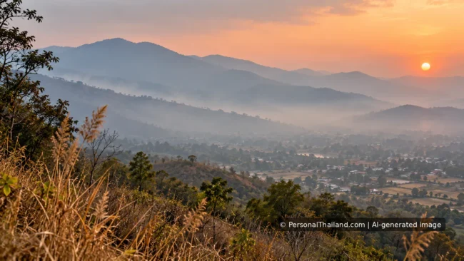 Smoky, hazy mountain valley in northern Thailand during a dry-season sunset.