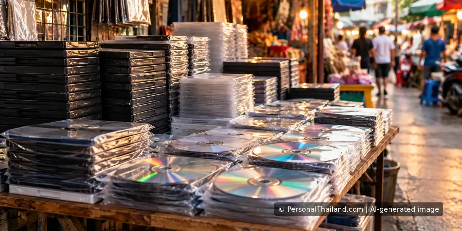 Unbranded optical discs and DVD cases displayed in a busy market stall.