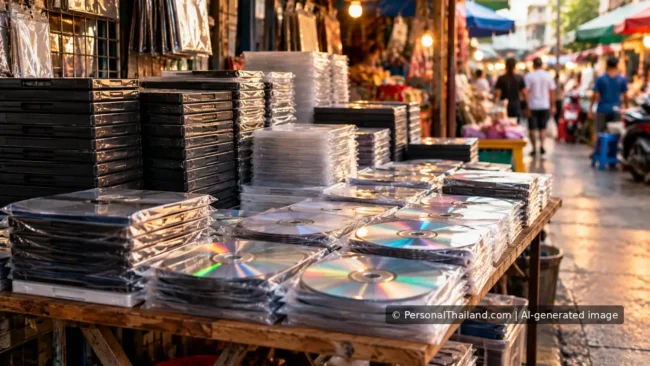 Unbranded optical discs and DVD cases displayed in a busy market stall.