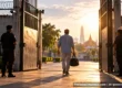 A man with a travel bag walking out through open prison gates at sunset with a Thai temple in the distance. AI-generated image.