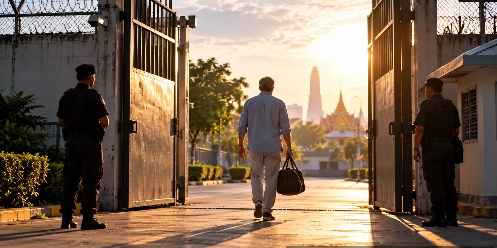 A man with a travel bag walking out through open prison gates at sunset with a Thai temple in the distance. AI-generated image.