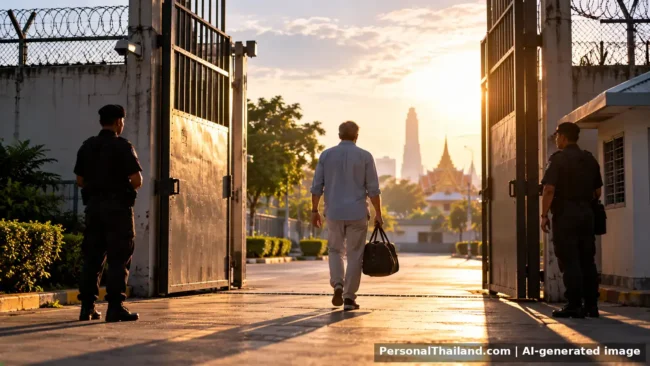 A man with a travel bag walking out through open prison gates at sunset with a Thai temple in the distance. AI-generated image.