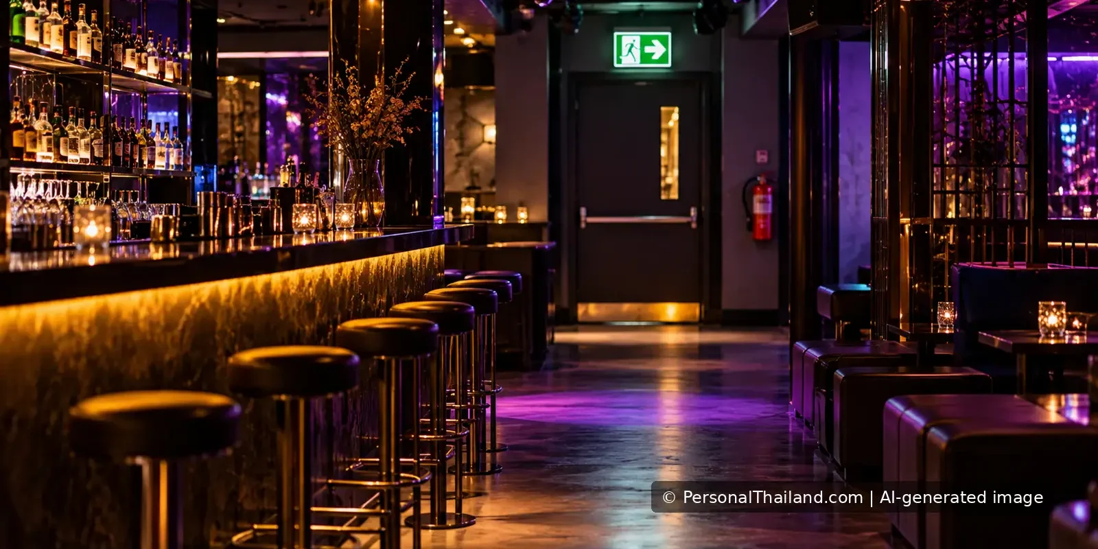 Remembering the Santika Fire: Nightclub Safety Lessons from Bangkok in 2009 Empty nightclub with a clear emergency exit and a fire extinguisher.