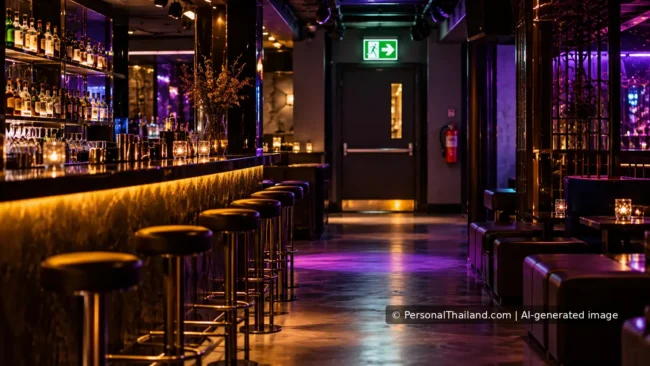 Empty nightclub with a clear emergency exit and a fire extinguisher.