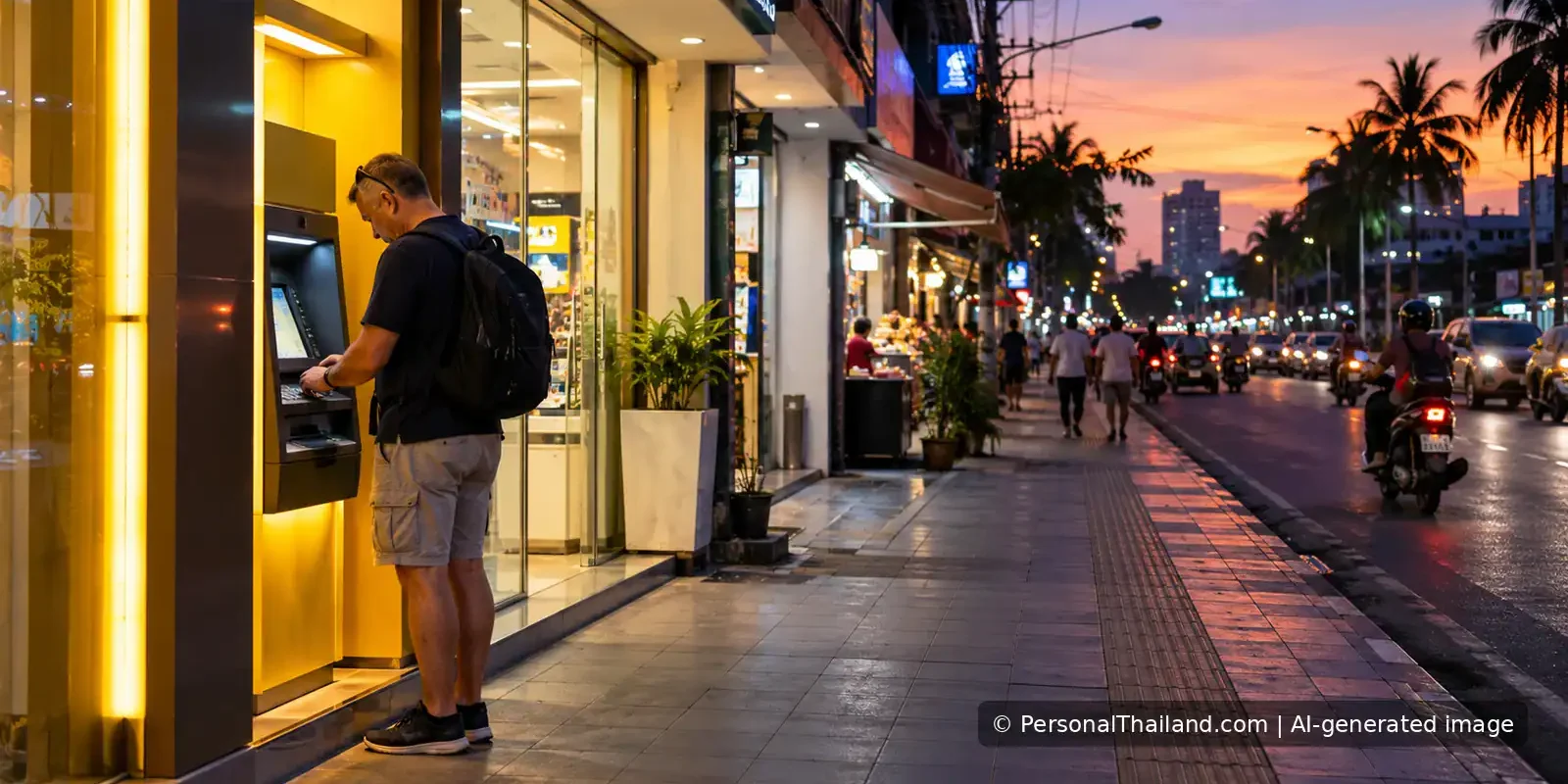 Traveller using a well-lit ATM on a Thai city street at dusk, shown as an AI-generated illustration.