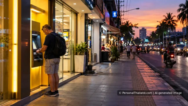 Using ATMs in Thailand Safely: Skimming, PIN Protection and Bank Alerts Traveller using a well-lit ATM on a Thai city street at dusk, shown as an AI-generated illustration.