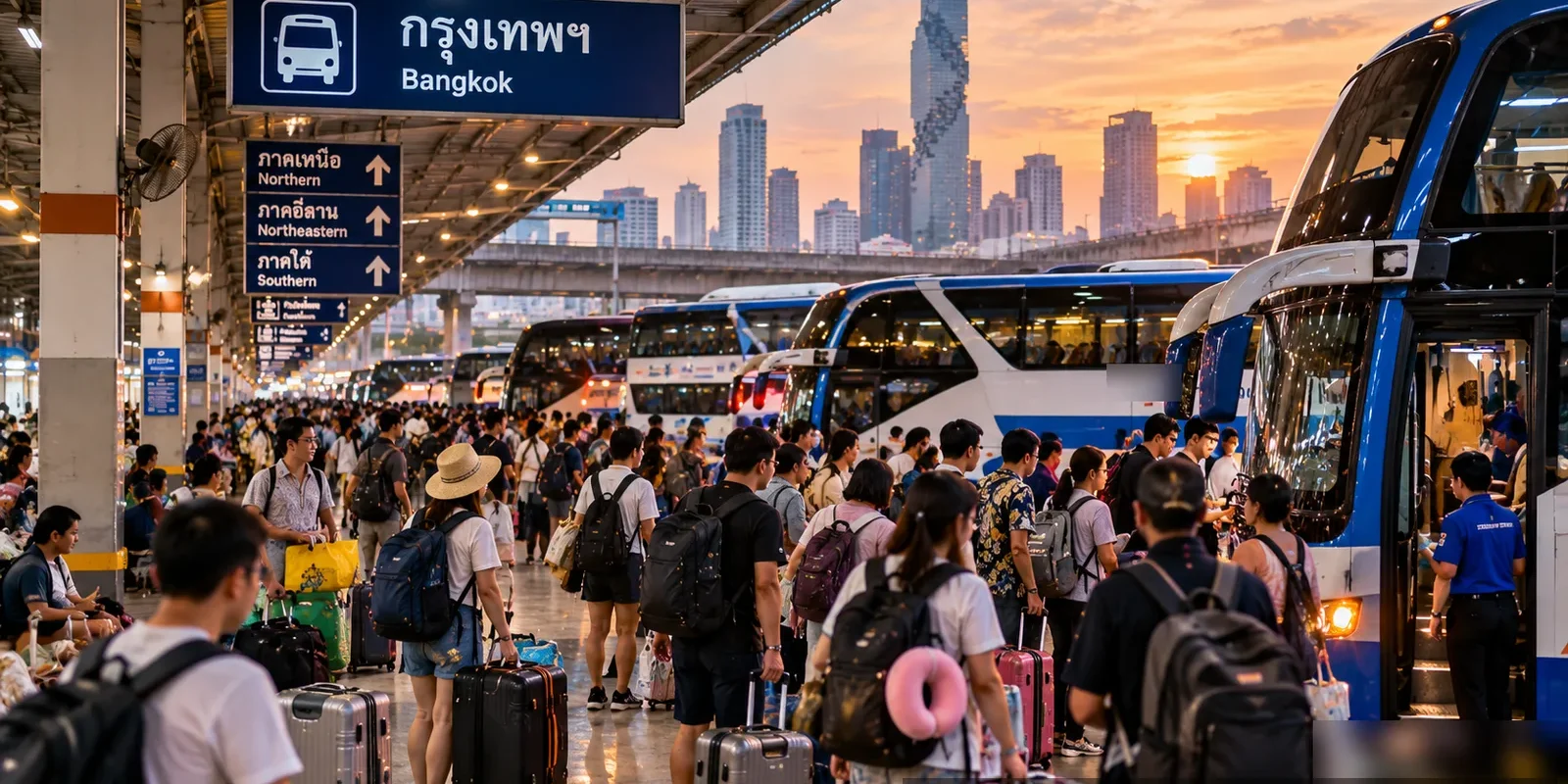 It is time to run from Thailand Crowded Bangkok bus terminal with travellers and luggage boarding long-distance buses at sunset. AI-generated image.