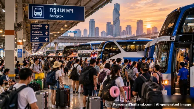 Crowded Bangkok bus terminal with travellers and luggage boarding long-distance buses at sunset. AI-generated image.