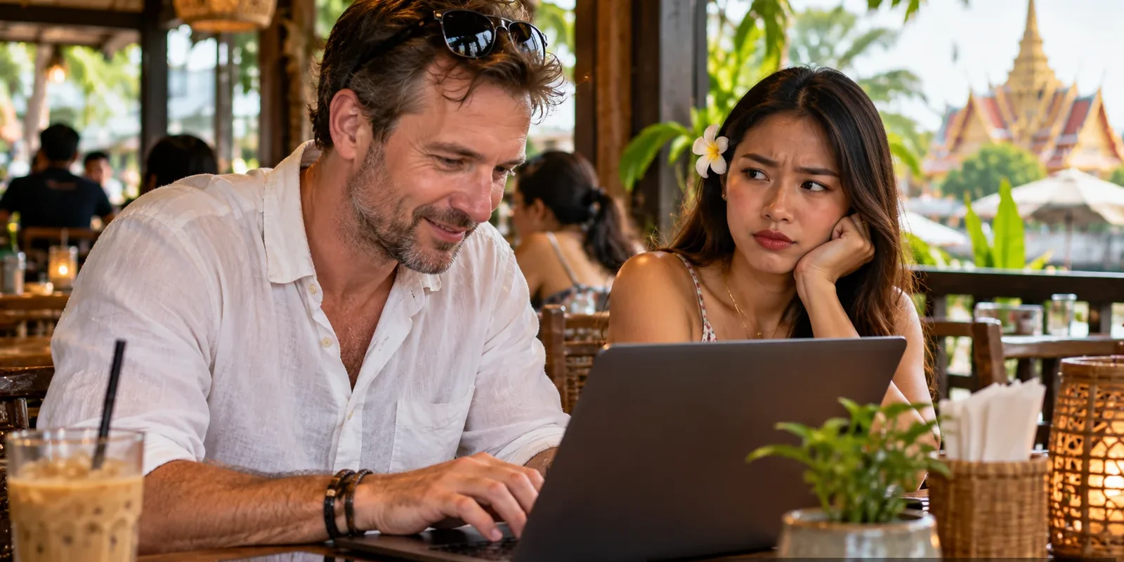 Respect Thai girls A foreign man typing on a laptop in a riverside café while a Thai woman beside him looks sceptical. AI-generated image.