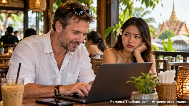 A foreign man typing on a laptop in a riverside café while a Thai woman beside him looks sceptical. AI-generated image.