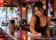 A young Thai bartender wiping down a polished bar counter in a beachside bar. AI-generated image.