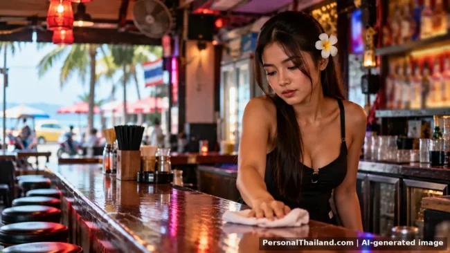 A Foreigners hate letter to Thai bar girls A young Thai bartender wiping down a polished bar counter in a beachside bar. AI-generated image.