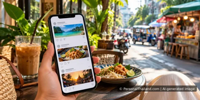 PersonalThailand on Twitter in 2009: From Short Updates to X Today Hand holding a smartphone showing a social media feed of Thai beach, pad thai and temple photos at a Bangkok street cafe, AI-generated image