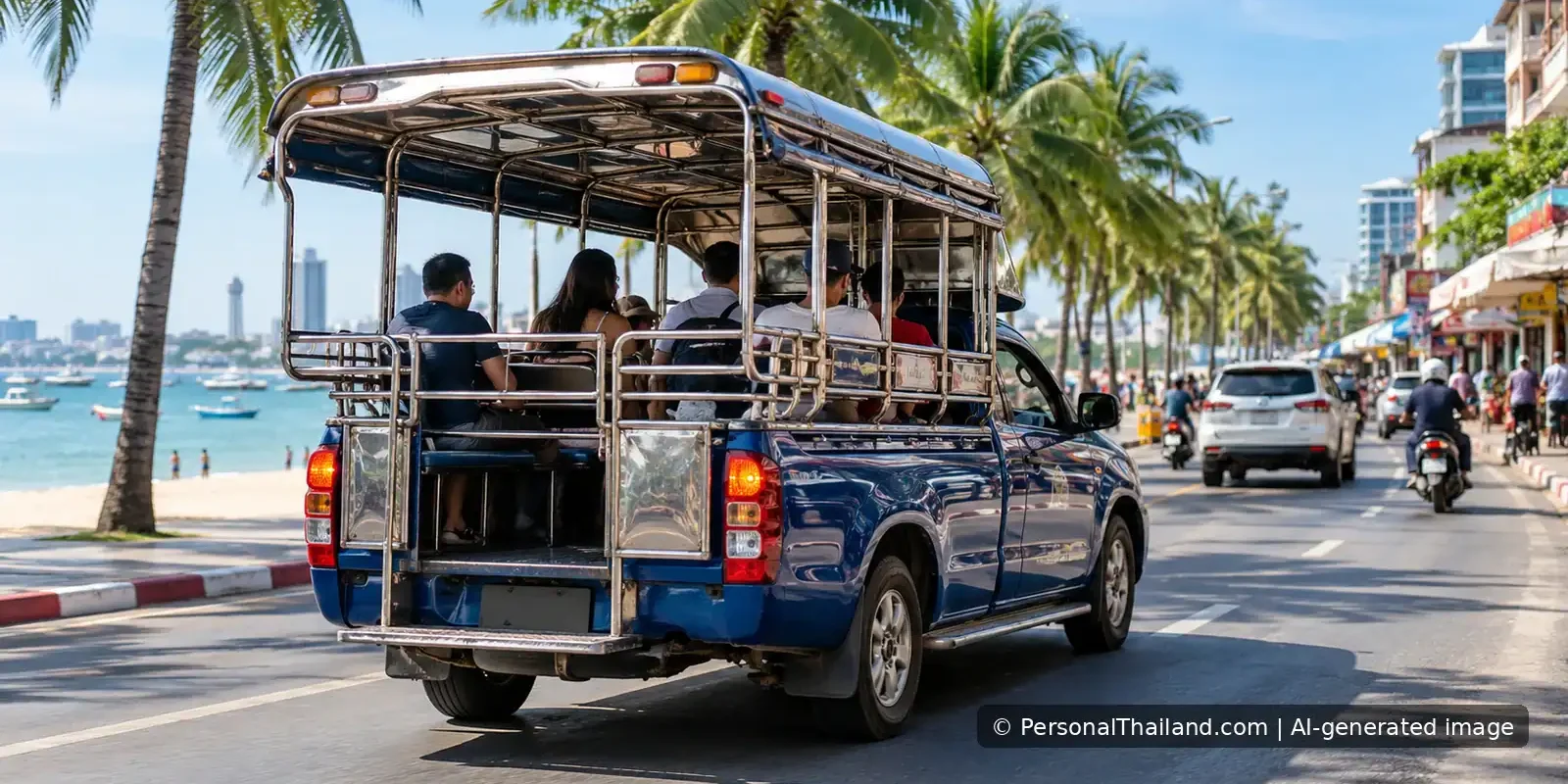 Blue songthaew shared taxi carrying passengers on a coastal road in Pattaya, Thailand.
