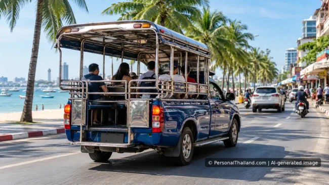 Pattaya Baht Buses: Songthaew Routes, Road Etiquette and Safer Rides Blue songthaew shared taxi carrying passengers on a coastal road in Pattaya, Thailand.