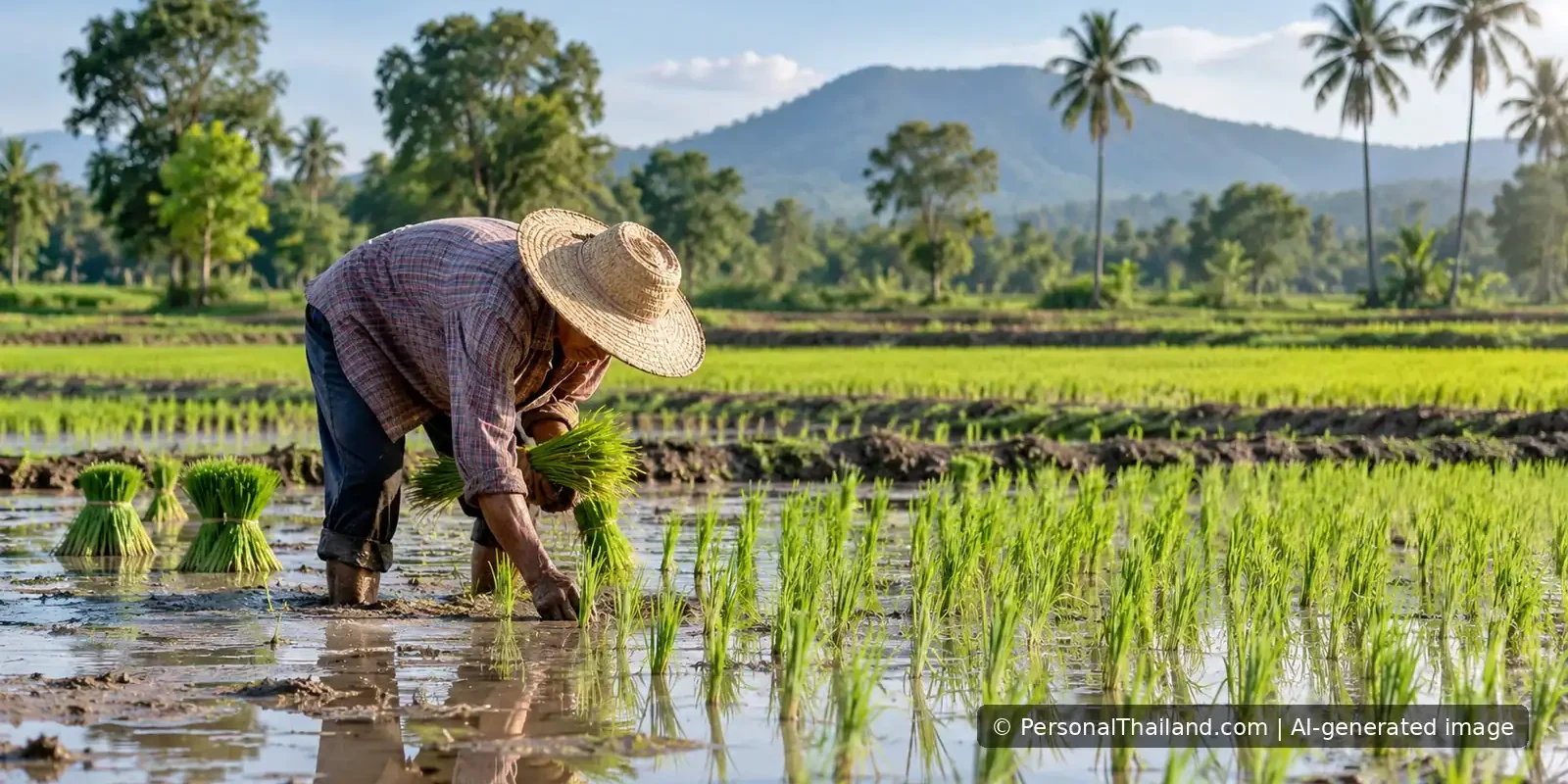 Farmer transplanting young rice seedlings in a flooded paddy in rural Thailand.