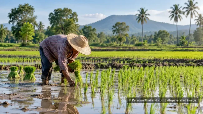 Can Foreigners Farm in Thailand? Business and Work Rules Explained Farmer transplanting young rice seedlings in a flooded paddy in rural Thailand.