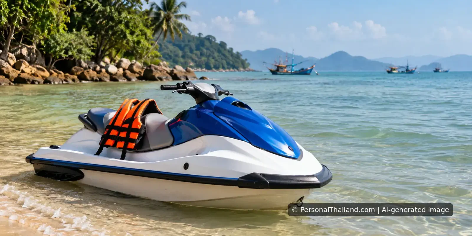 Blue-and-white jet ski with orange life jacket on a tropical beach in Thailand.