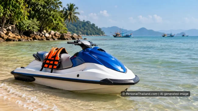 Blue-and-white jet ski with orange life jacket on a tropical beach in Thailand.