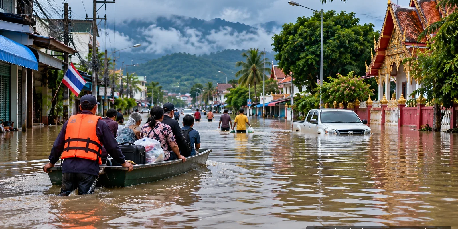 Flooding in Thailand: Practical Safety Advice for Travellers and Residents Flooded street in a Thai town with residents in a rescue boat wading past a temple and a half-submerged pickup truck. AI-generated image.