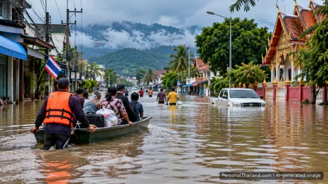 Flooding in Thailand: Practical Safety Advice for Travellers and Residents Flooded street in a Thai town with residents in a rescue boat wading past a temple and a half-submerged pickup truck. AI-generated image.
