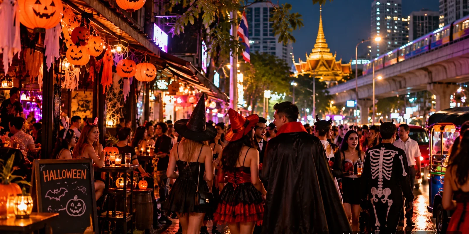 Costumed crowd at a Halloween street party in Bangkok at night, with pumpkin lanterns, a golden temple and the BTS Skytrain in the background. AI-generated image.