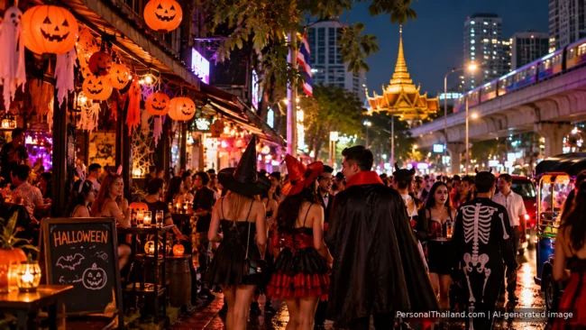 Costumed crowd at a Halloween street party in Bangkok at night, with pumpkin lanterns, a golden temple and the BTS Skytrain in the background. AI-generated image.