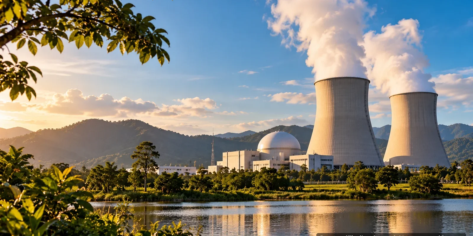 Concept illustration of a possible future nuclear power plant in Thailand, with cooling towers and a reactor dome beside a lake and green hills at golden hour. Thailand has no operating nuclear plant. AI-generated image.