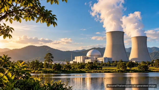 Concept illustration of a possible future nuclear power plant in Thailand, with cooling towers and a reactor dome beside a lake and green hills at golden hour. Thailand has no operating nuclear plant. AI-generated image.